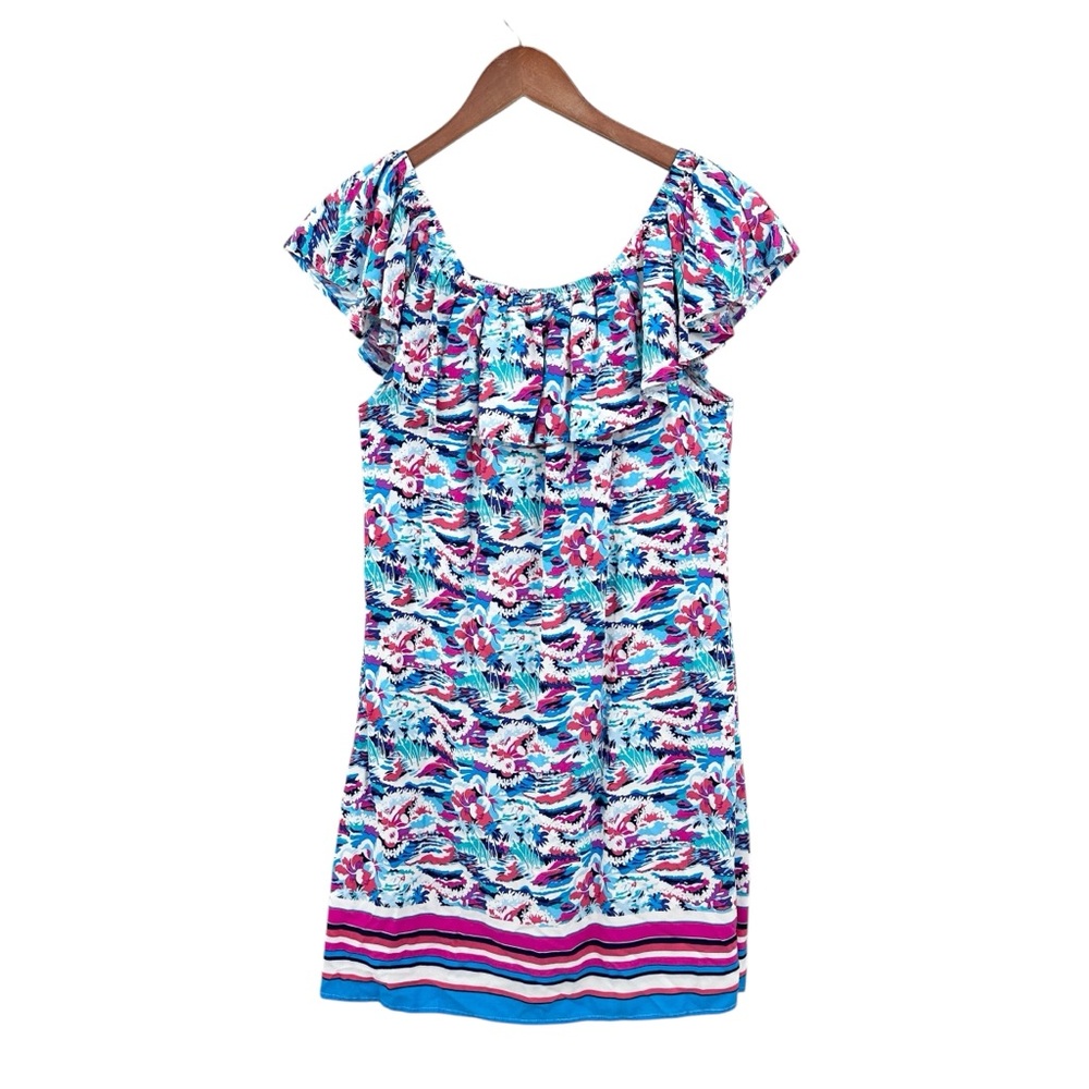 TOMMY BAHAMA Dress Tropical Off The Shoulder Spa Ruffle Pockets